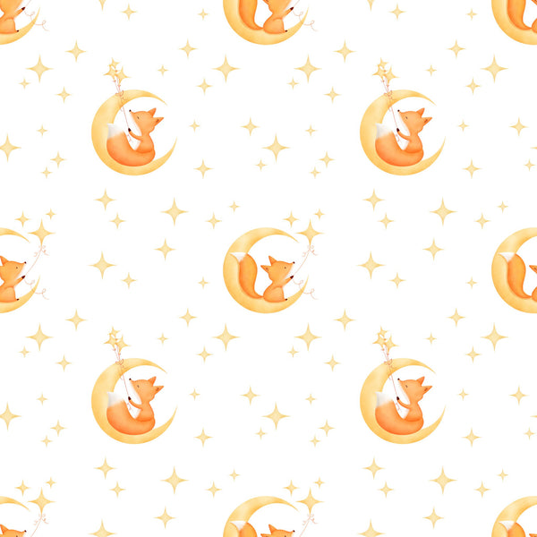 Playful hand-drawn baby foxes sitting on moon crescents with stars — white