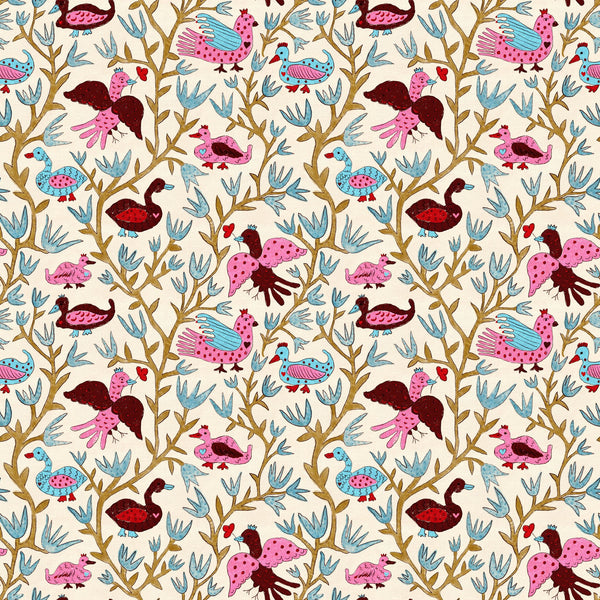Folk storybook birds — Pink blue ochre on cream