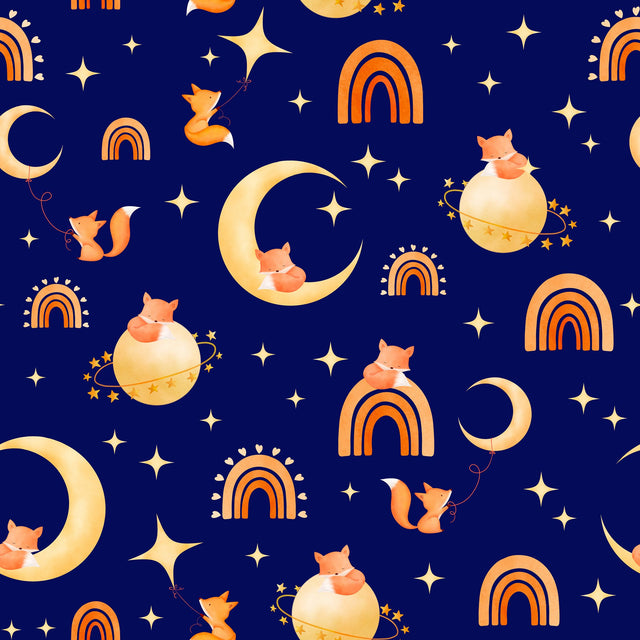 Whimsy night time foxes with rainbows and stars for baby nursery — midnight blue