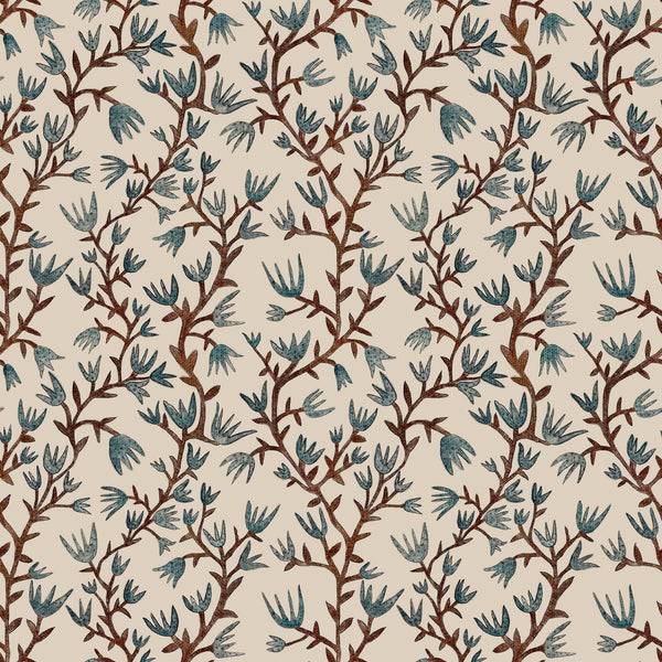 Storybook folk botanical vines — Brown and blue on beige