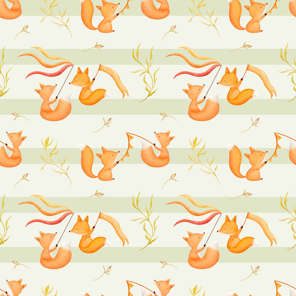 Cute watercolor play room baby foxes orange red on light sage green stripes — sage green