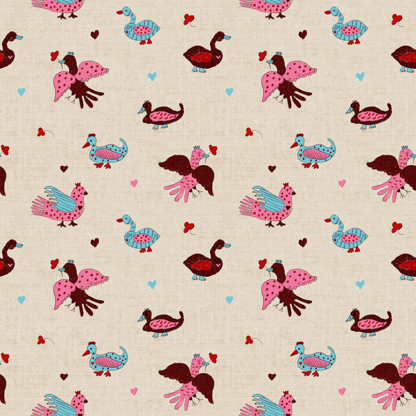 Scattered storybook folk birds — Pink blue red on beige