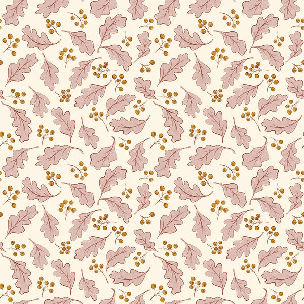 Scattered oak leaves and berries blender — Pink and orange on white cream