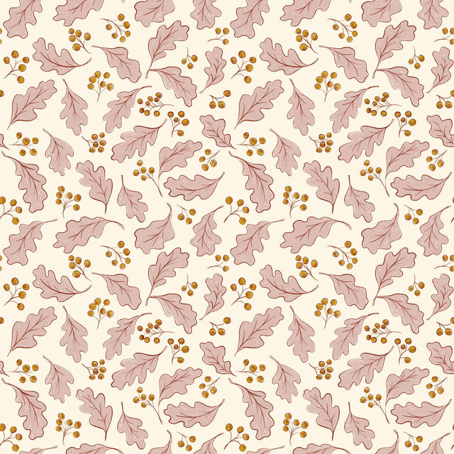 Scattered oak leaves and berries blender — Pink and orange on white cream