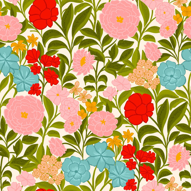 yellow, red, blue, white cream, blush pink