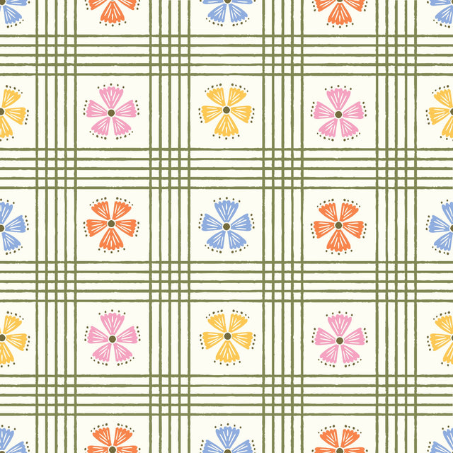 Multi coloured floral with olive green check