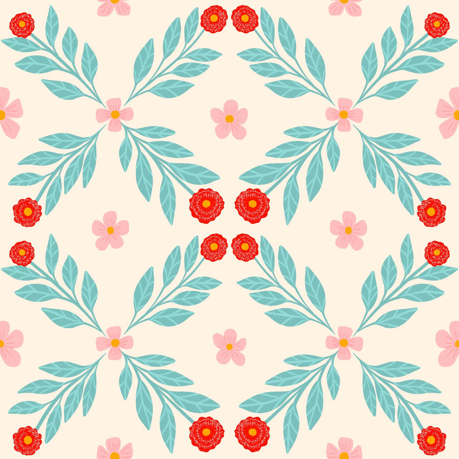 Geometric Lattice with Red and pink Flowers