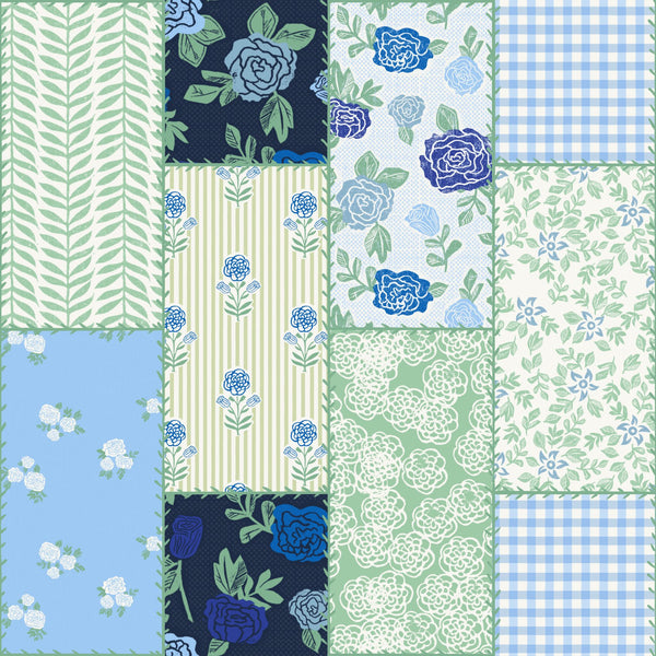 Cottagecore Faux Patchwork - Floral Blockprint Cheater Quilt — Blue & Green