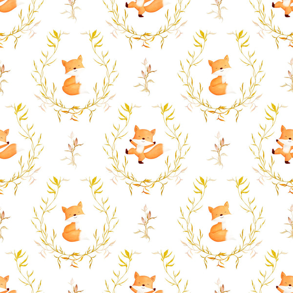 Cute watercolor wreath foxes dancing for boy nursery orange red on white — white