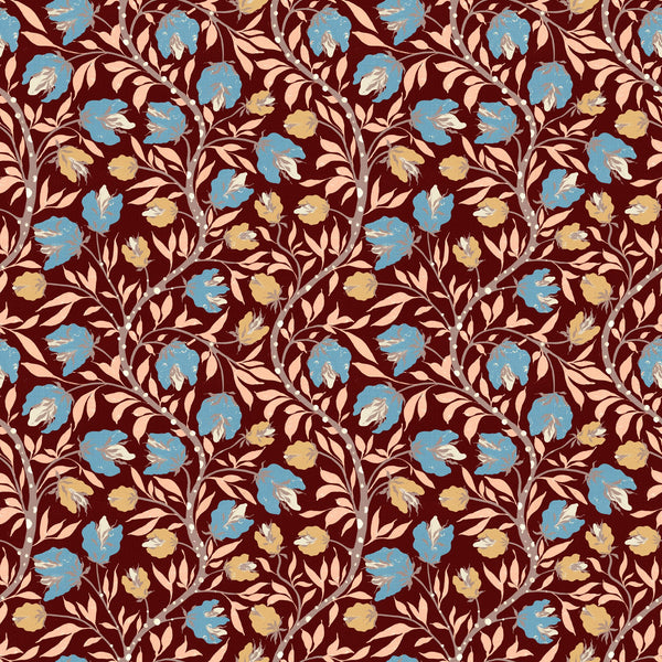 Multicolour traditional botanical vines — Blue and peach on rust brown