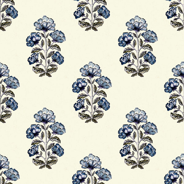 Traditional Blockprint poppy — Blue on cream white