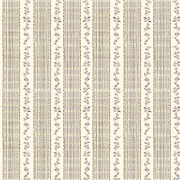 Vintage Botanical ticking stripe from butterfly garden — Plum and beige